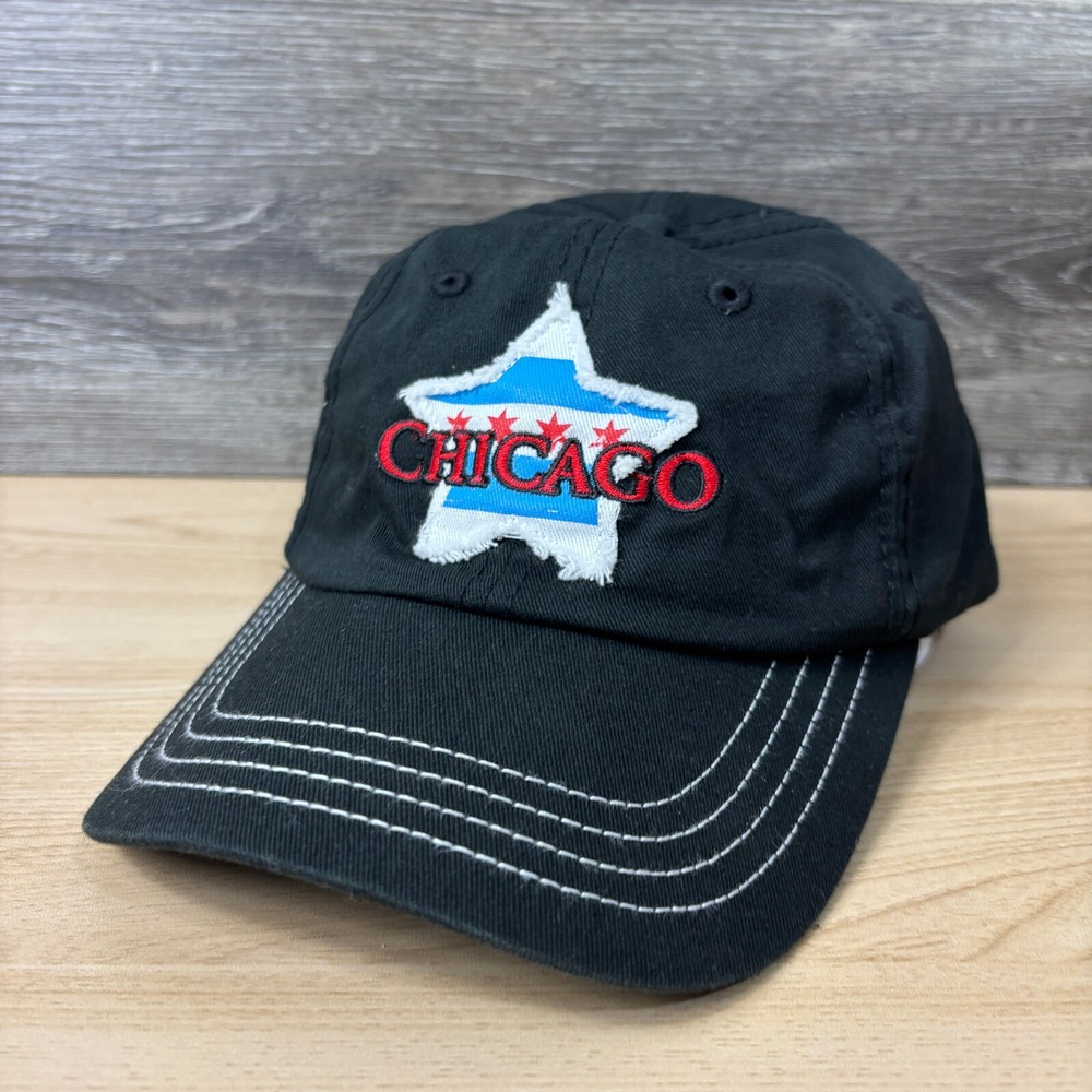 Chicago Hat Cap Strap Back Black Distressed Star One Size‎ Adjustable